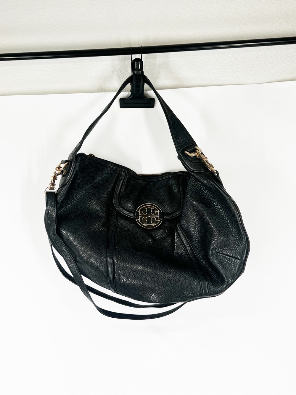 Tory Burch Amanda Flat Hobo Black Leather Shoulder Bag with Gold Accent